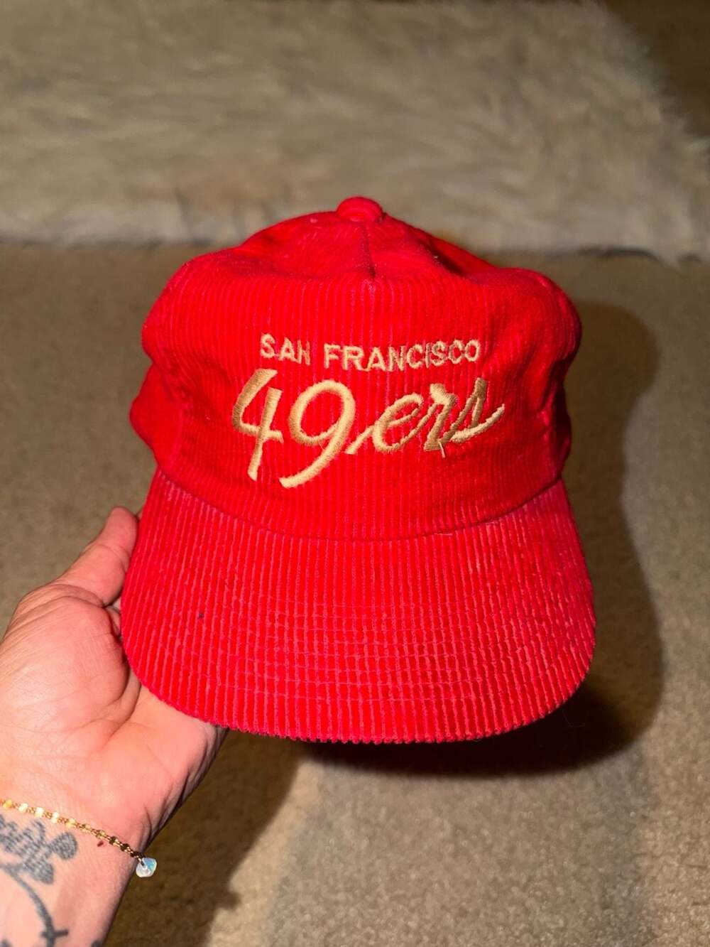 Vintage 90s San Francisco 49ers Sports Specialties Script Corduroy Strapback Hat
